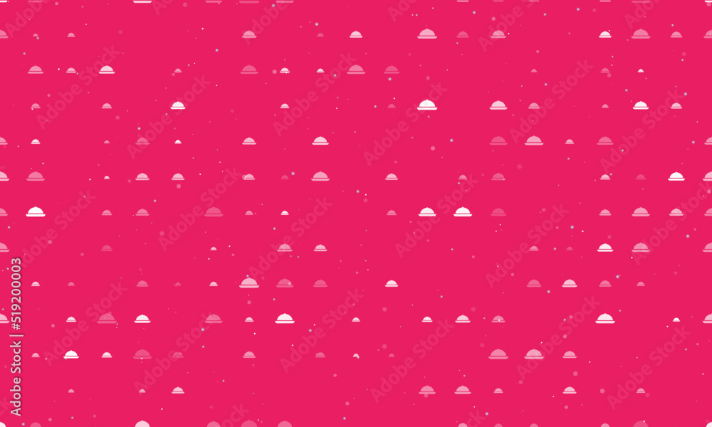 Seamless background pattern of evenly spaced white cloche symbols of different sizes and opacity. Vector illustration on pink background with stars