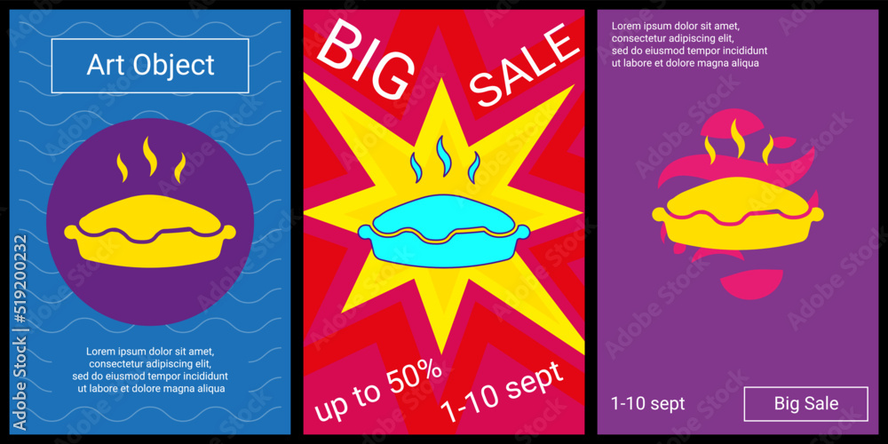 Trendy retro posters for organizing sales and other events. Large hot pie symbol in the center of each poster. Vector illustration on black background