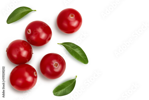 Cranberry with leaves isolated on white background with full depth of field. Top view with copy space for your text. Flat lay