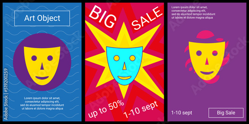 Trendy retro posters for organizing sales and other events. Large theatrical mask in the center of each poster. Vector illustration on black background