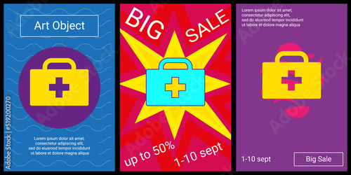 Trendy retro posters for organizing sales and other events. Large first aid symbol in the center of each poster. Vector illustration on black background