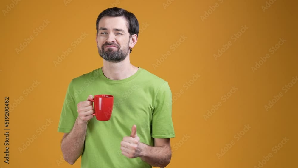 Guy drink latte point empty space fine symbol isoolated shine color background Guy drink latte point empty space fine symbol isoolated shine color background