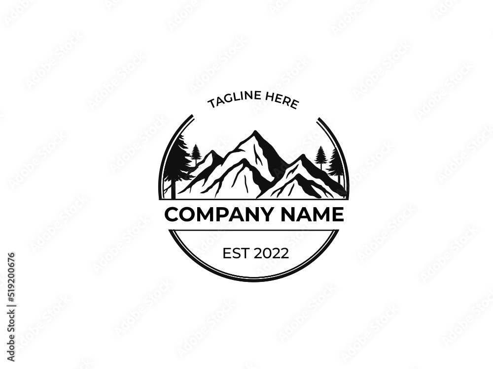 High quality circle mountain logo with pine tree. Creative mountain hill vector logo design. hill vector art design. pine tree logo High quality circle mountain logo with pine tree. Creative mountain hill vector logo design. hill vector art design. pine tree logo