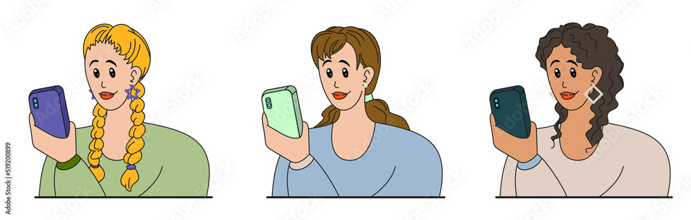 Girl is using the phone. Set of vector illustrations isolated on white background. Girl is using the phone. Set of vector illustrations isolated on white background.