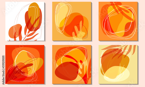 Set of tropical bright orange yellow square backgrounds. Abstract forms, spots, figures.
