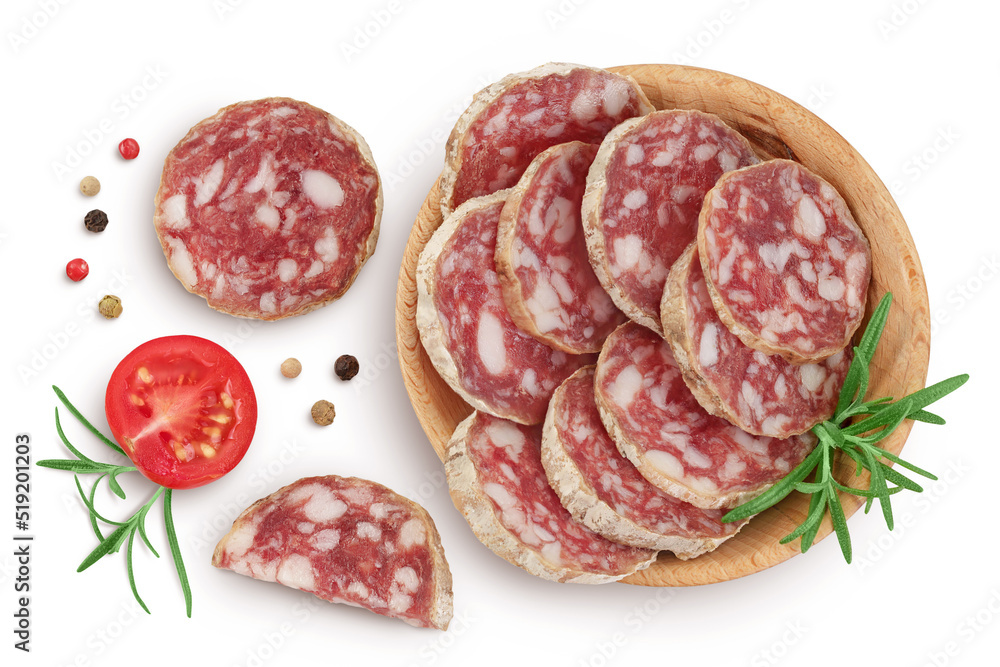 Cured salami sausage in wooden bowl isolated on white background. Italian cuisine with full depth of field. Top view. Flat lay. Cured salami sausage in wooden bowl isolated on white background. Italian cuisine with full depth of field. Top view. Flat lay.