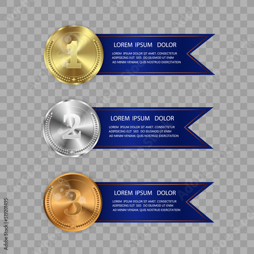Set of gold, bronze and silver. Winner award competition, prize medal and banner for text. Award medals isolated on transparent background. Vector illustration of winner concept.	