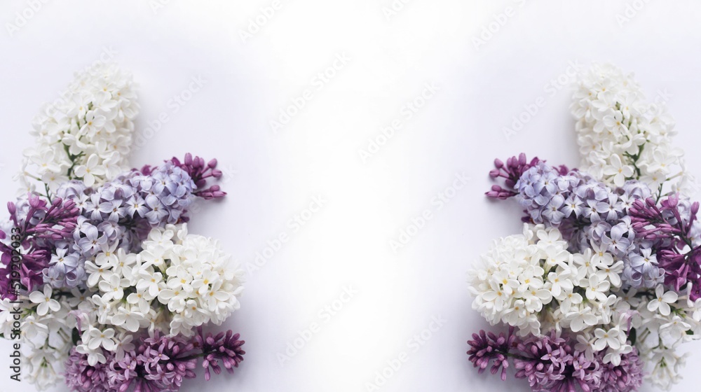 Spring flower arrangement of lilac and white lilac on a white background. Bright light tones. Background for a greeting card.yu