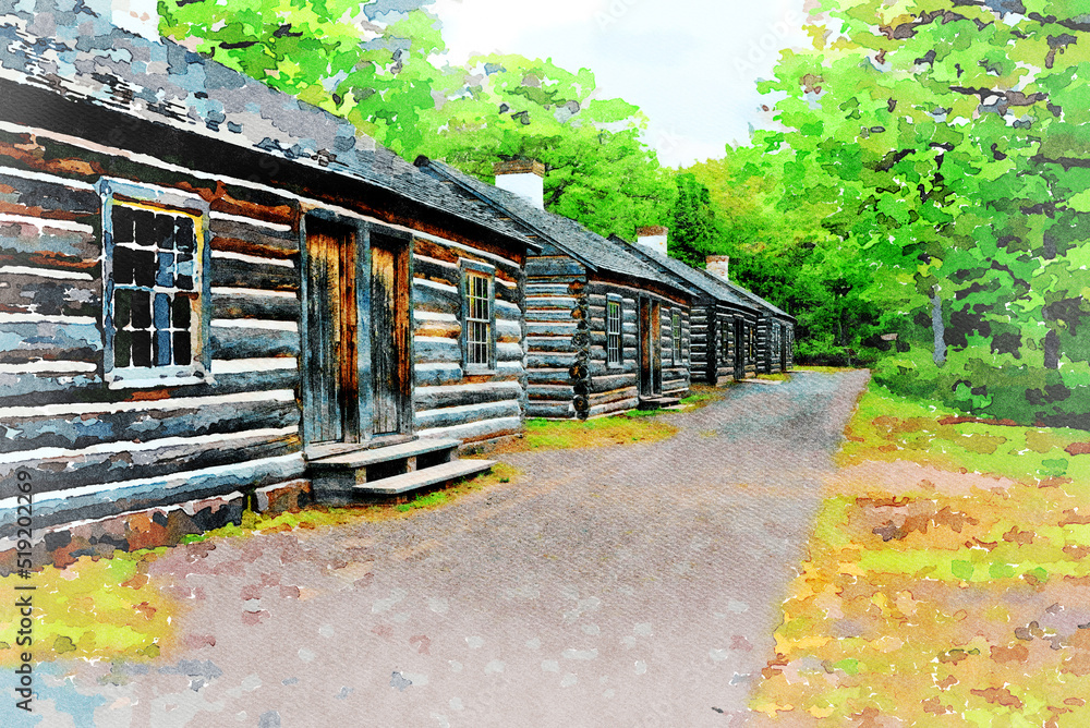 Digitally created watercolor painting of the officers quarters at Fort Wilkins. 