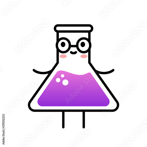 Cute lab flask with eyeglasses. Girls in science idea. Kawaii Erlenmeyer glass bottle smiling. Science, chemistry, pharmacy concept. Funny cartoon character. STEM. Vector illustration, flat, clip art.