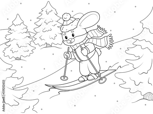 A hare skiing down the mountain. Winter season, ski resort. Coloring book, white background, black lines.