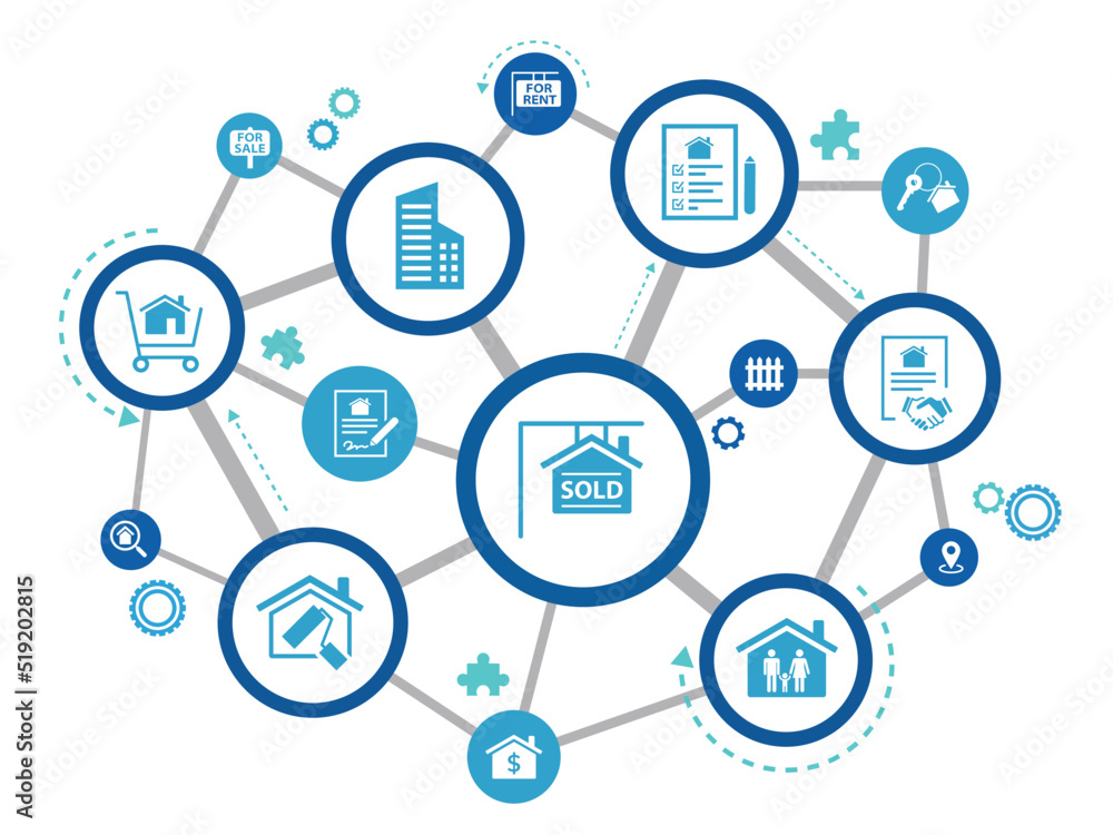 Real estate vector illustration. Concept with connected icons related to property sales and listings, realtor agency and contractor, residential property, investment, housing project Real estate vector illustration. Concept with connected icons related to property sales and listings, realtor agency and contractor, residential property, investment, housing project