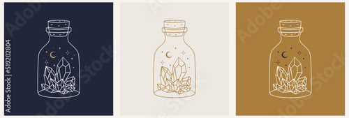 Logo template in linear style. Esoteric jar with crystals inside. Tattoo style illustration.