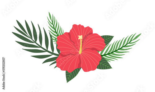 Bouquet with hibiscus and exotic palm leaves isolated on white background. Card with vector floral illustration. Flat Plant Composition. Botanical summer decor