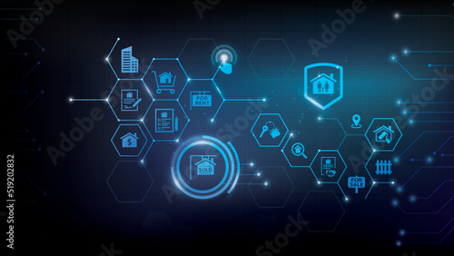 Real estate vector illustration. Concept with connected icons related to property sales and listings, realtor agency and contractor, residential property, investment, housing project