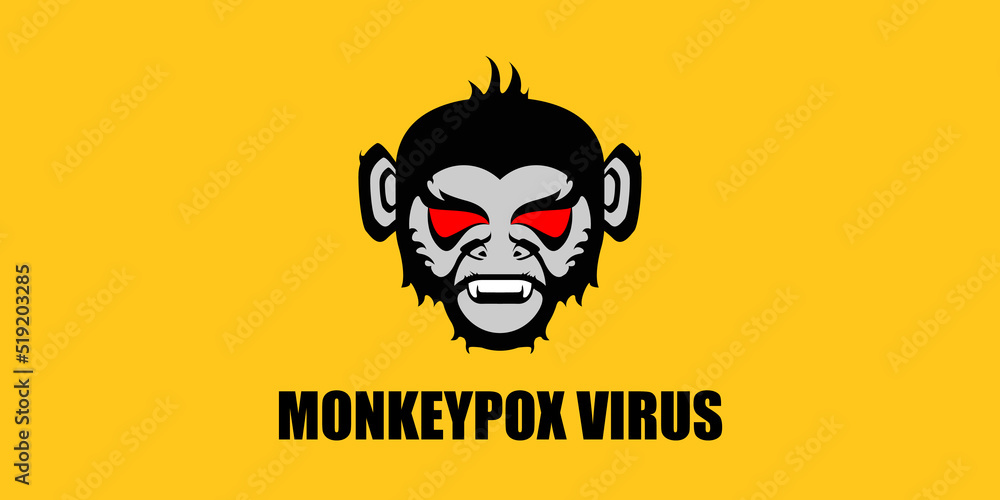 Monkeypox virus horizontal banner for awareness and alert against disease spread, symptoms or precautions. Monkey Pox concept illustration with angry monkey face silhouette on orange background