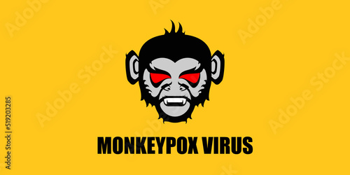 Monkeypox virus horizontal banner for awareness and alert against disease spread, symptoms or precautions. Monkey Pox concept illustration with angry monkey face silhouette on orange background