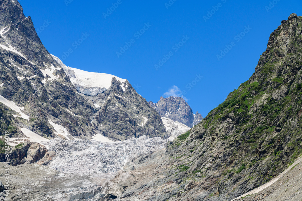 Beautiful alpian mountains landscape. Amazing close-up view on the glacier. 
