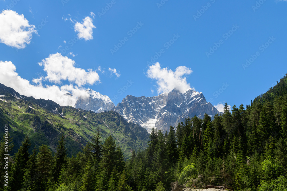 Beautiful alpian mountains landscape. High snow covered mountains green high forset on the hills under blue sky with clouds.