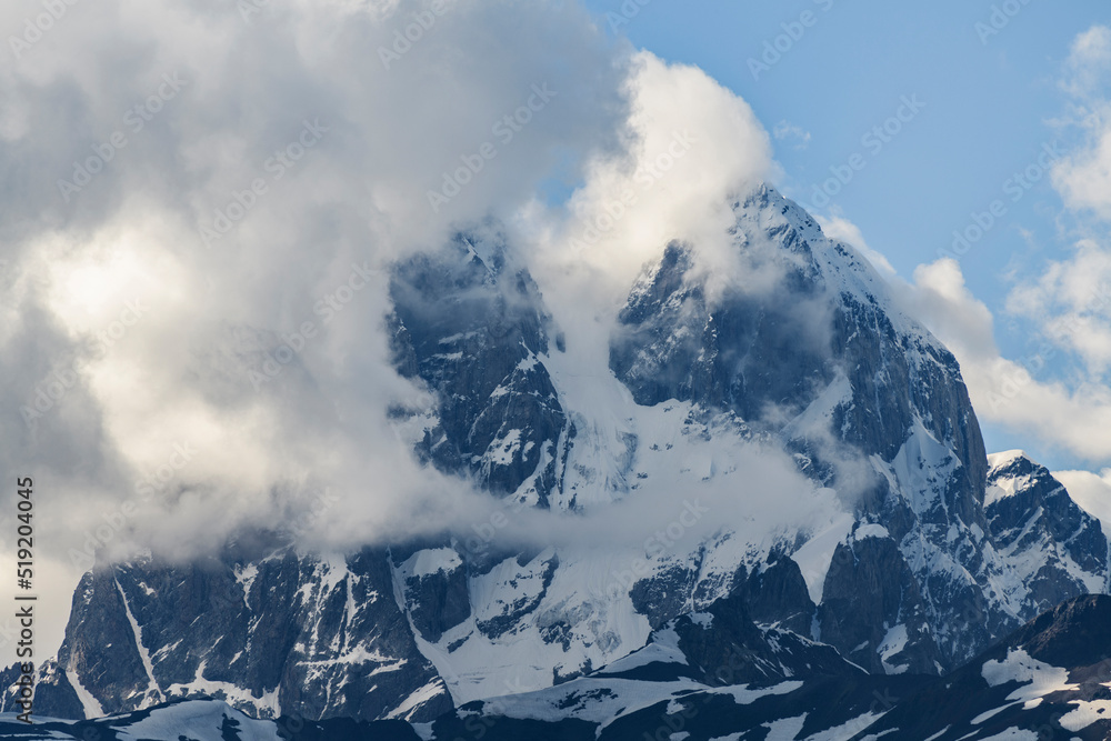 Beautiful mountains landscape. Clouds covering the top of Ushba mountain.  Svaneti Geogria