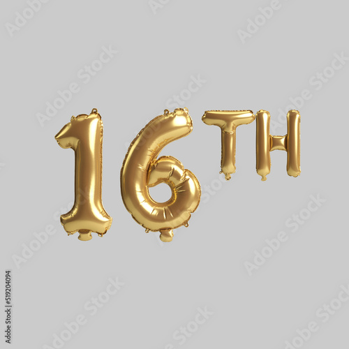 3d illustration of 16th gold balloons isolated on background photo