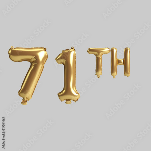 3d illustration of 71th gold balloons isolated on background