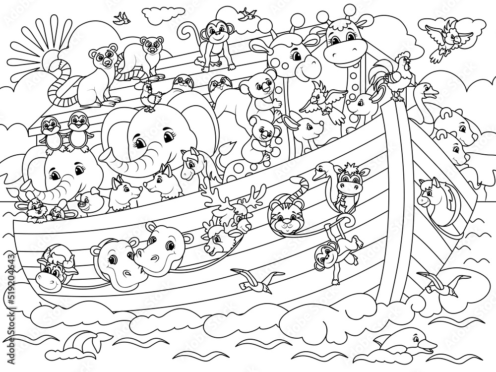 Christian Bible story of Noah s Ark. Coloring book, white background, black lines.