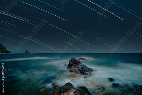 Long exposure in Cala Rajá and Torre Vela Blanca in Cabo de Gata-Níjar Natural Park, Almería province, Andalusia, Spain - Cabo de gata