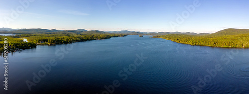 Aerial panoramic view of Lake Pleasant in the Adirondacks, New York. July 7, 2022 © Creative Studio 79