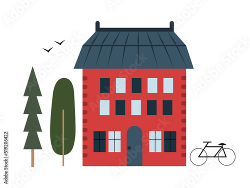 Hand drawn cozy house in Scandinavian style. Building exterior with simple trees and bicycle, isolated on white vector illustration