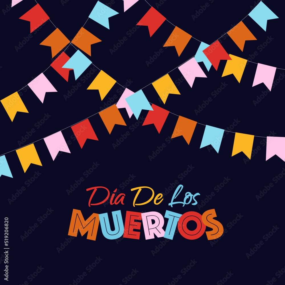 Dia de Los Muertos banner color style with garlands. Day of the Dead with skull and flower for decoration, funny poster party, t shirt, fiesta, greeting card. Halloween party flyer. Vector 10 eps