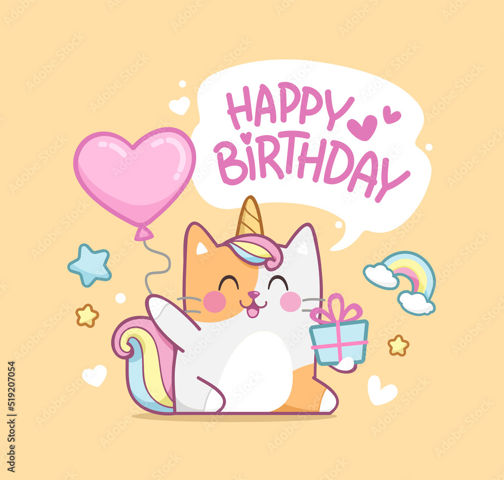 Cute baby Caticorn kitten or Cat Unicorn on happy birthday card ...