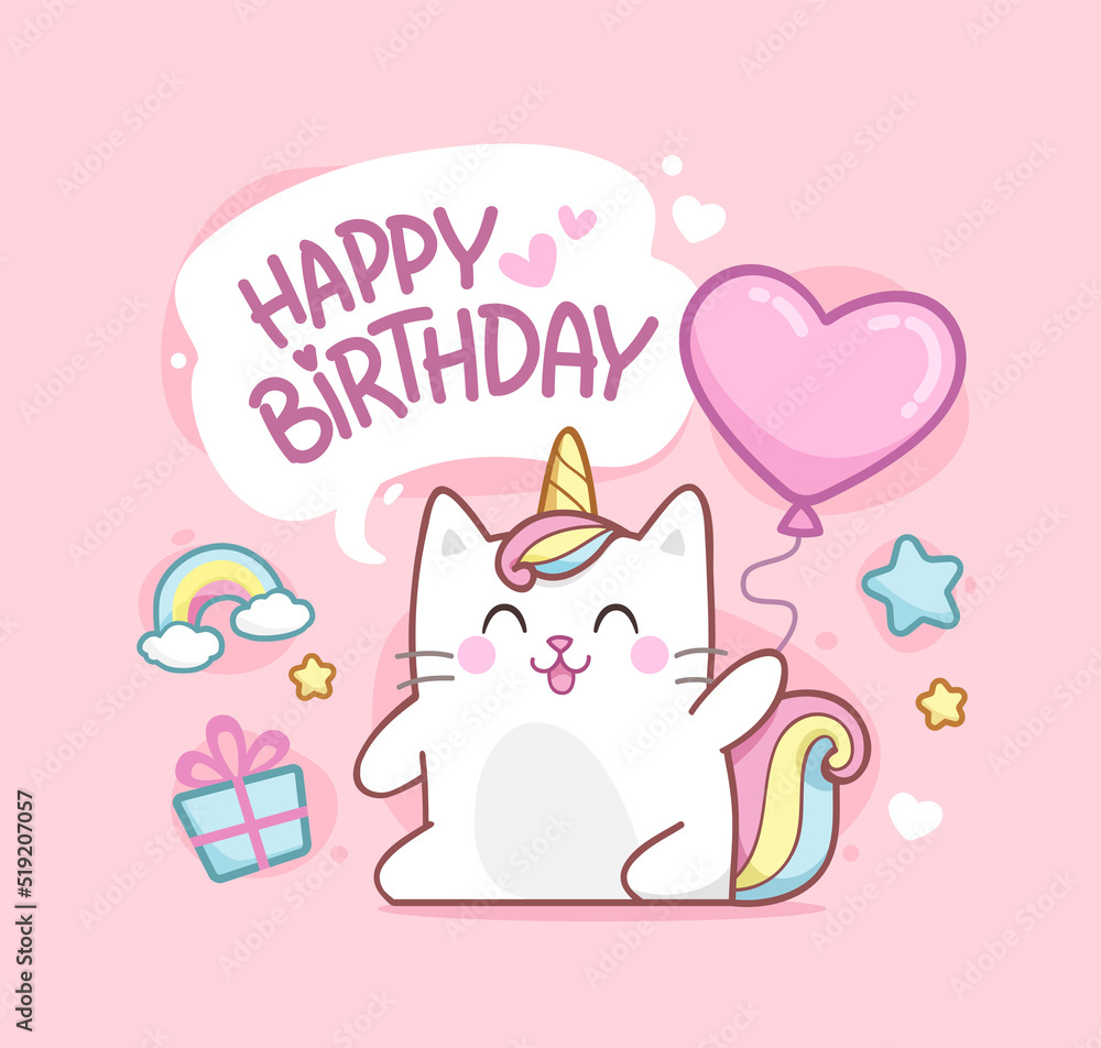 Cute baby Caticorn kitten or Cat Unicorn on happy birthday card template. Happy birthday card design with cute kawaii kitten. Unicorn cat with congratulations and a balloon in hand Cute baby Caticorn kitten or Cat Unicorn on happy birthday card template. Happy birthday card design with cute kawaii kitten. Unicorn cat with congratulations and a balloon in hand