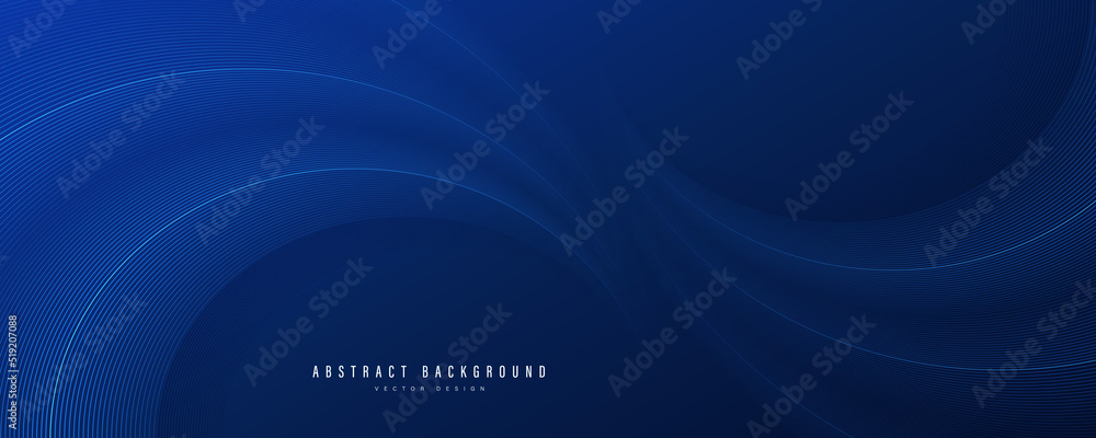 Abstract dark blue background with shiny curve lines pattern. Circular lines design element. Modern futuristic technology concept. Suit for cover, banner, poster, flyer, brochure, website. - obrazy, fototapety, plakaty 