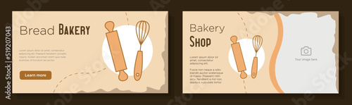 Bakery store online banner template set, fresh bread baking advertisement sign, lunch shop horizontal ad, cooking tools content marketing post, creative brochure, isolated on background