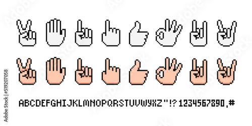 Pixel hand rebel gesture vector icons in 8-bit game style. Rock sign gesture. Middle Finger and Forefinger up. Like and Dislike hand symbol. Okay hand gesture. Vector Pixel graphics for retro game