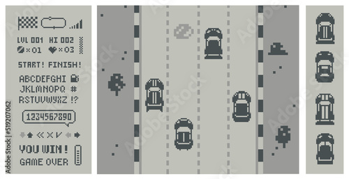 Pixel Arcade game icons with top view cars and objects in 8-bit style. Simple retro video game design in 80s - 90s style. Vector illustration