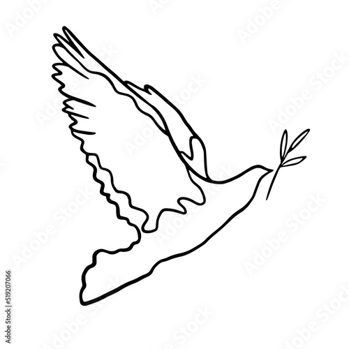 Peace concept vector illustration. Flying bird with olive branch line art. Dove of peace doodle illustration