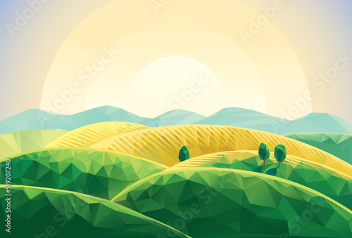 Summer landscape in a generalized, polygonal style, with mountains and hills, with the dawn of the sun.