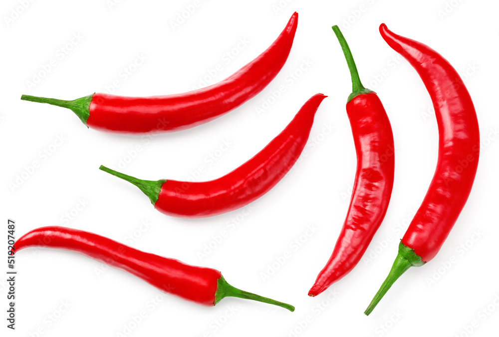 red hot chili pepper isolated on white background. macro. clipping path. top view - obrazy, fototapety, plakaty 