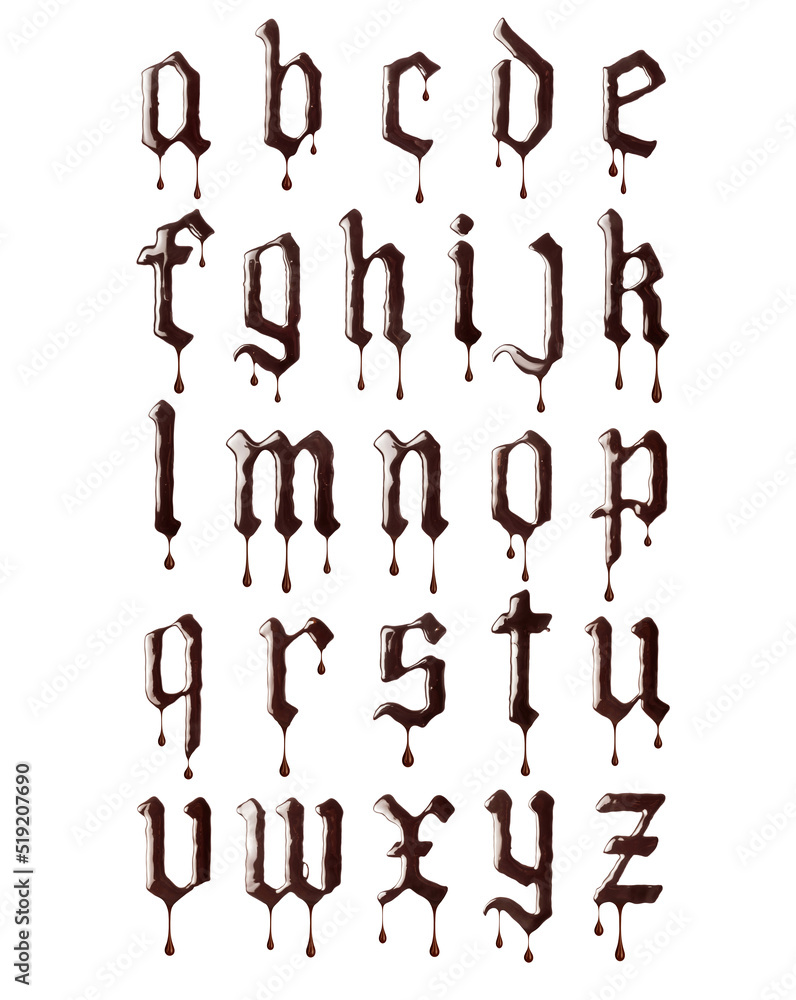 Glossy letters of the gothic font made of melted chocolate with dripping drops Glossy letters of the gothic font made of melted chocolate with dripping drops