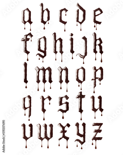 Glossy letters of the gothic font made of melted chocolate with dripping drops