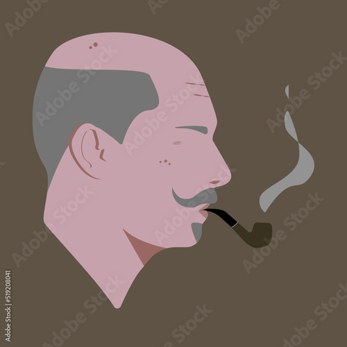 Silhouette. Bearded old white man smokes a pipe. Male head with beard. Gray-haired man. Man head silhouette. Avatar. Man Flat illustration. 