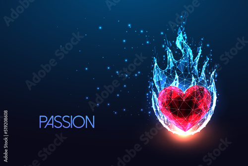 Passion concept with red heart shape and flame in futuristic glowing low polygonal style on blue 