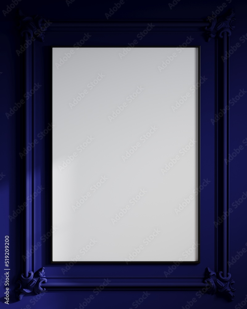 Large art frame with black edging. Beautiful curly molding with decorations. Deep blue navy color walls - classic space. Rich area for art. Canvas for picture. Accent on the picture. 3d rendering. Large art frame with black edging. Beautiful curly molding with decorations. Deep blue navy color walls - classic space. Rich area for art. Canvas for picture. Accent on the picture. 3d rendering.