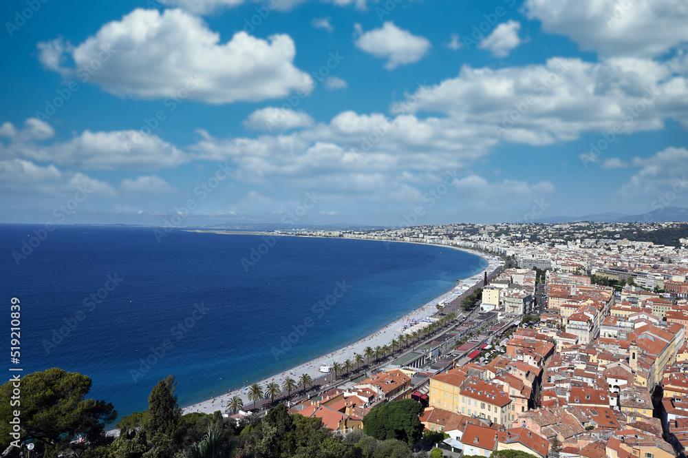 Beach and Nice town in summer landscape