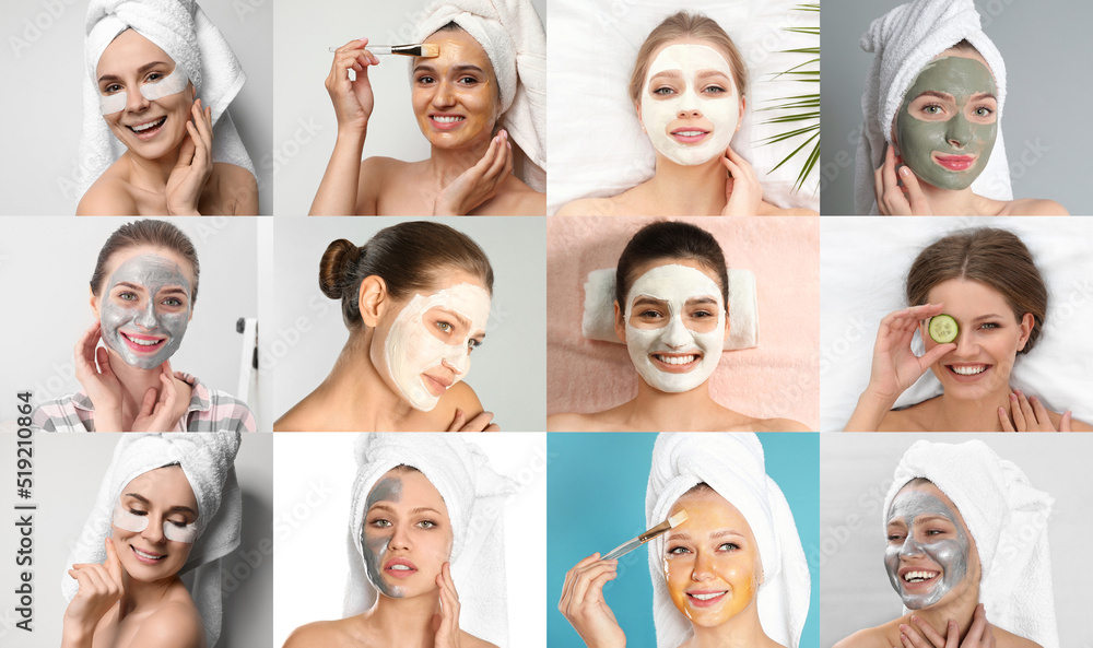 Collage with photos of women with cleansing and moisturizing masks on faces Collage with photos of women with cleansing and moisturizing masks on faces