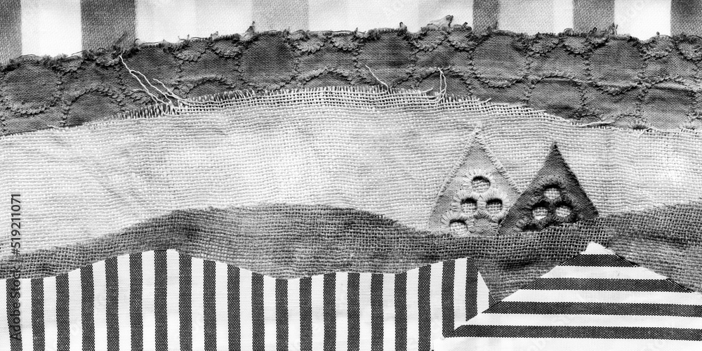 Fototapeta premium Fabric art applique Illustration. Patchwork forest landscape with trees, hills and sky. Original graphic illustration black and white. Decorative landscape hand made recycled trash art