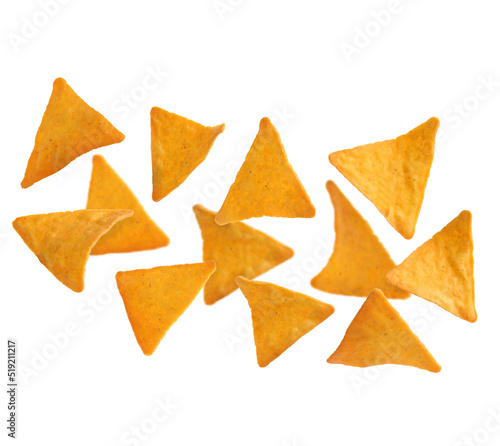 Tasty tortilla chips (nachos) falling on white background