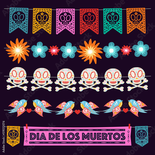 Dia de los muertos decoration garlands set with paper cut flages, flowers, sugar skulls, colorfull birds, holidays banner for Day of the dead party, halloween poster. Vector 10 eps